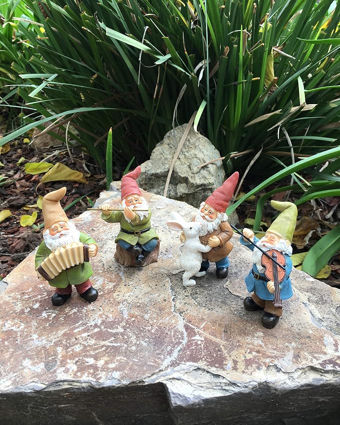 GlitZGlam Happy Gnomes Dancing Celebration! - 4- Piece Musical Garden Gnome Set for The Miniature Fairy Garden