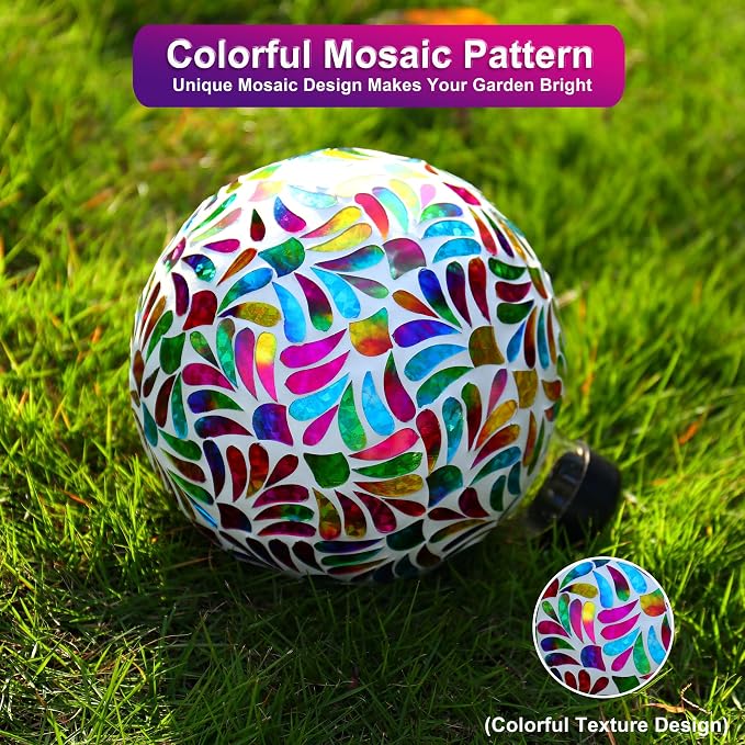 SAVENNA Mosaic Garden Gazing Ball, 8 Inch Fade-Resistant Glass Decorative Sphere for Garden, Yard & Patio, All-Season Outdoor Garden Decor Accent, Multicolor Petal Pattern