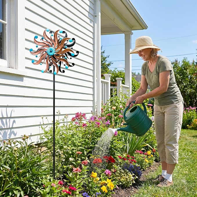 Solar Wind Spinner - Rustic Copper & Turquoise Kinetic Yard Art with Glass Globe - Vintage Metal Sunburst Wind Catcher Outdoor Garden Decor for Lawn, Patio, and Front Porch
