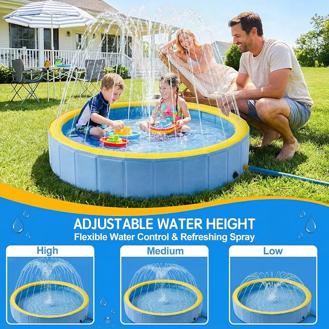 Foldable Dog Pool with Sprinkler, Ideal Splash Pool Swimming Pools | Large 63” Dog Pool, Splash Pad, Hard Plastic, Non Slip, Portable Dog Swimming Pool for Outdoor Backyard
