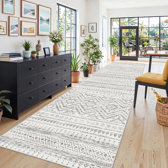 Miukiki 3x10 Runner Rug Washable Non Slip Runner Rug for Hallway Grey | Moroccan Kitchen Soft Low Pile Long Runner Rug for Entryway Living Room Bedroom Rug Stain Resistant Floor Carpet 3'x10'