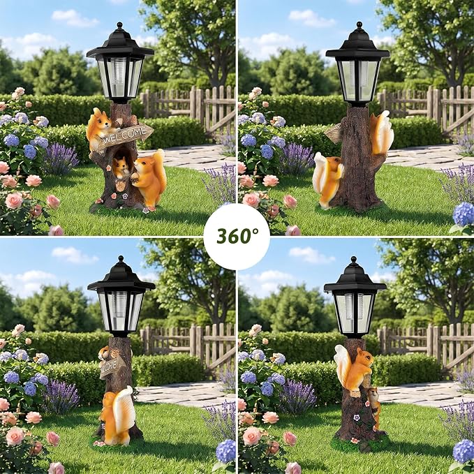 Solar Squirrel Garden Statue, Outdoor Decor with LED Lantern for Patio Lawn Pathway Landscape Decoration Gifts for Mother's Day Birthday Housewarming