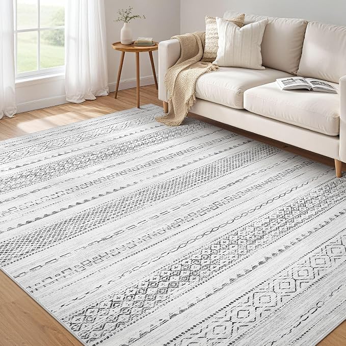 Nakagishi Boho 6x8 Area Rug Living Room Rugs Machine Washable Gray | Soft, Pet & Kid Friendly, Carpet for Living Room/Bedroom/Office/Kitchen/Nursery, Daily Home Decor Stain Resistant Moroccan