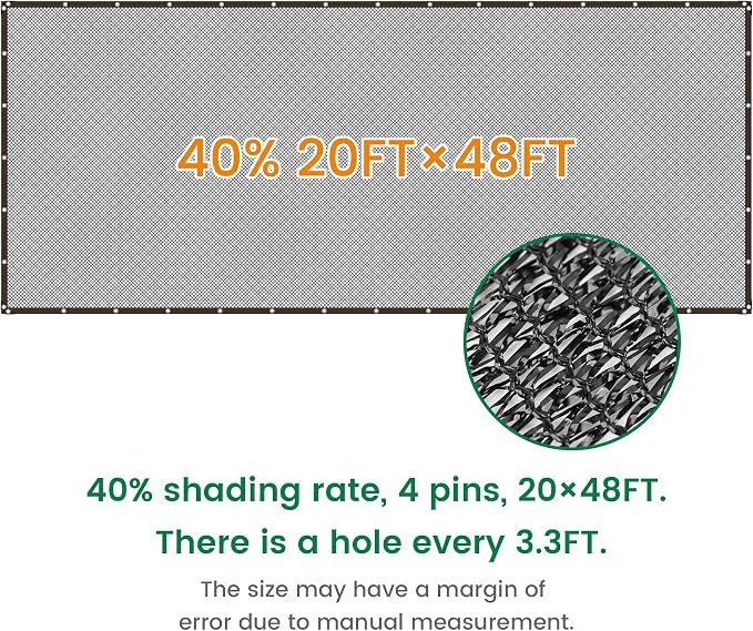 40% 20 X 48 FT Black Shade Cloth, Outdoor Woven Sun Shade with Grommets, Durable Breathable Netting Shading Antifreezing for Patio, Garden, DIY Home, Plants Cover, Greenhouse, Dog Kennel