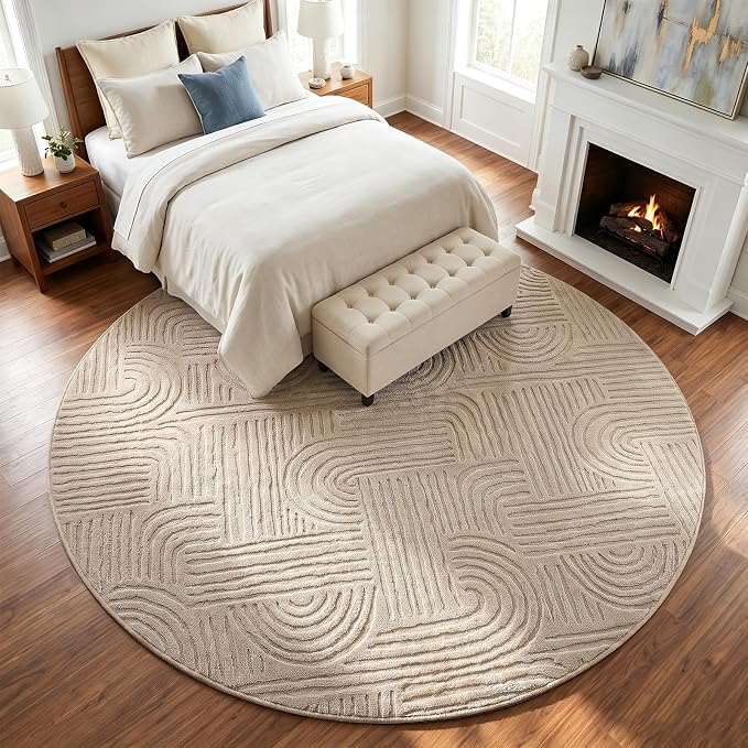 Etwel 6.5 ft Taupe Geometric Textured High-Low Pile Washable Round Rug | Modern Soft Carpet, Non-Slip PVC Backing, Low Profile, Kid and Pet Friendly, for Living Room, Bedroom, Dining Room, Nursery