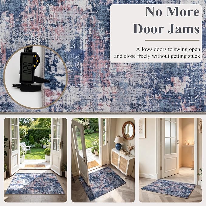 Sasttie 3x5 Entryway Area Rug, Modern Abstract Small Carpet, Pink & Blue | Machine Washable, Ultra-Soft Faux Wool, Non-Slip, Low Pile, Throw, Thin, for Entrance, Door-Mat, High-Traffic Areas