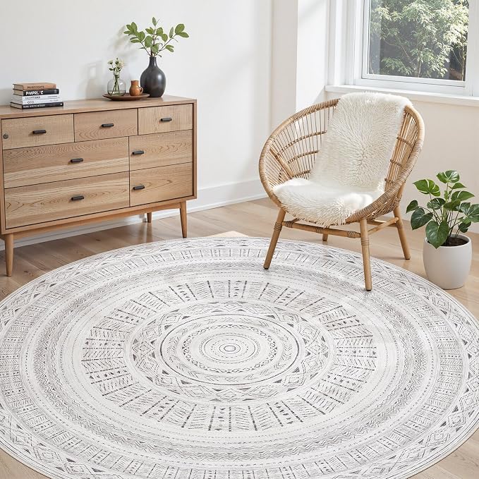 cotiled 6x6 Round Rug 6ft Circle Living Room Boho Area Rugs | Washable Foldable Indoor Carpet for Bedroom Home Office Dark Grey