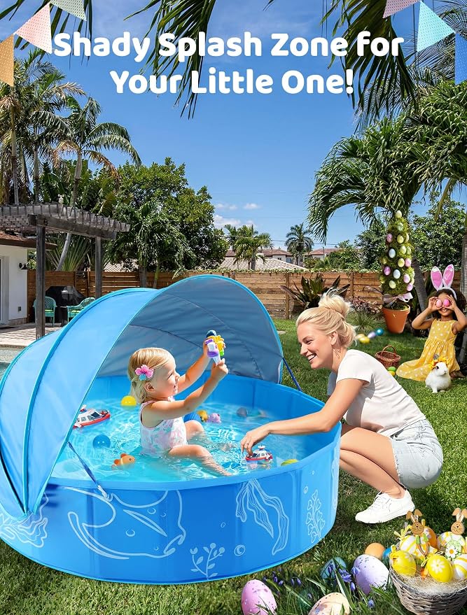 Hikiddy Foldable Kiddie Pool with Canopy, 47in, Blue-Blue | Summer Water Play Pool with Removable Shade - for Baby Toddler Kids Pets - Portable for Outdoor Backyard Beach