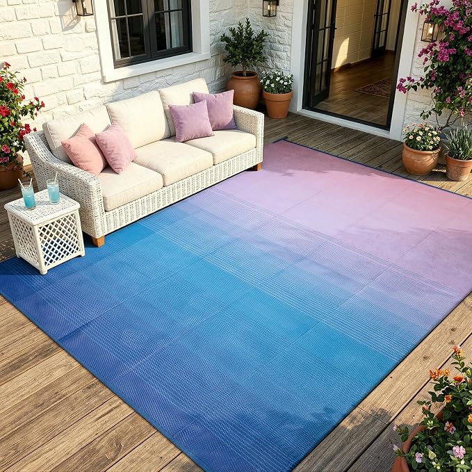 Lahome Outdoor Area Rugs 8x10 Waterproof, Large Reversible Plastic Straw Camping Rug for Patio, Lightweight Portable Outdoor Carpet for Backyard Garden Balcony, Blue Pink 8'x10'