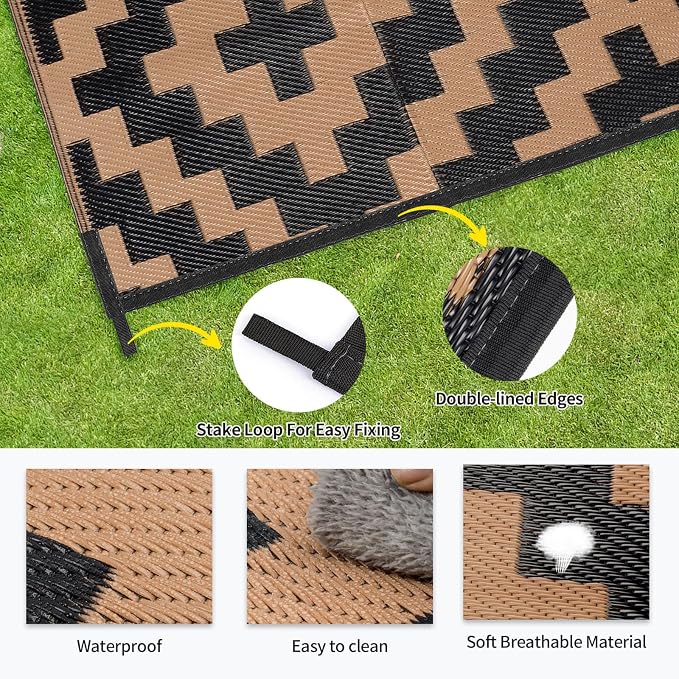 Outdoor Patio Plastic Straw Rug - 8x10 ft Outdoor Camping Rug Waterproof Reversible, Area Carpet Patios RV, Outside Porch Balcony Deck for Camper, Black & Brown