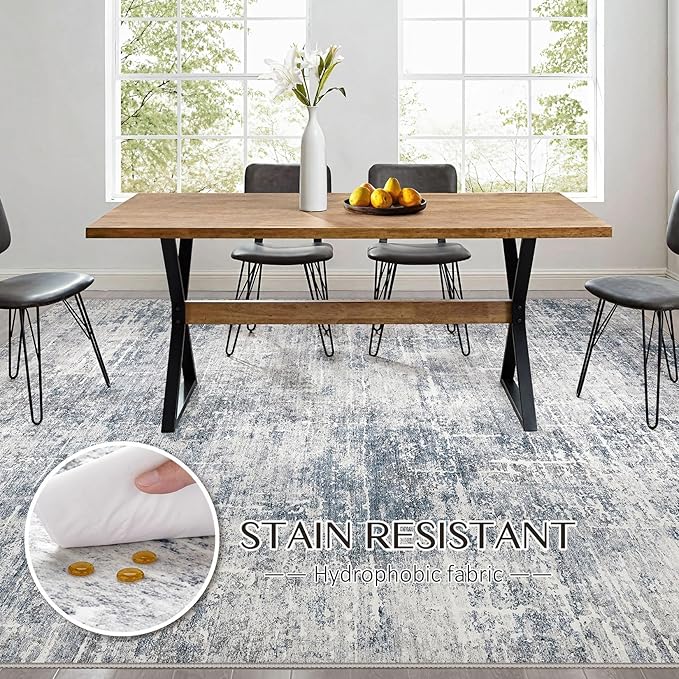 kakania Abstract 12x18 Area Rugs for Living Room: Washable Rugs Blue Grey | Soft, Non-Slip, Low-Pile, Pet & Kid Friendly - Large Modern Home Decor Carpet for Bedroom/Dining Room/Office/Nursery