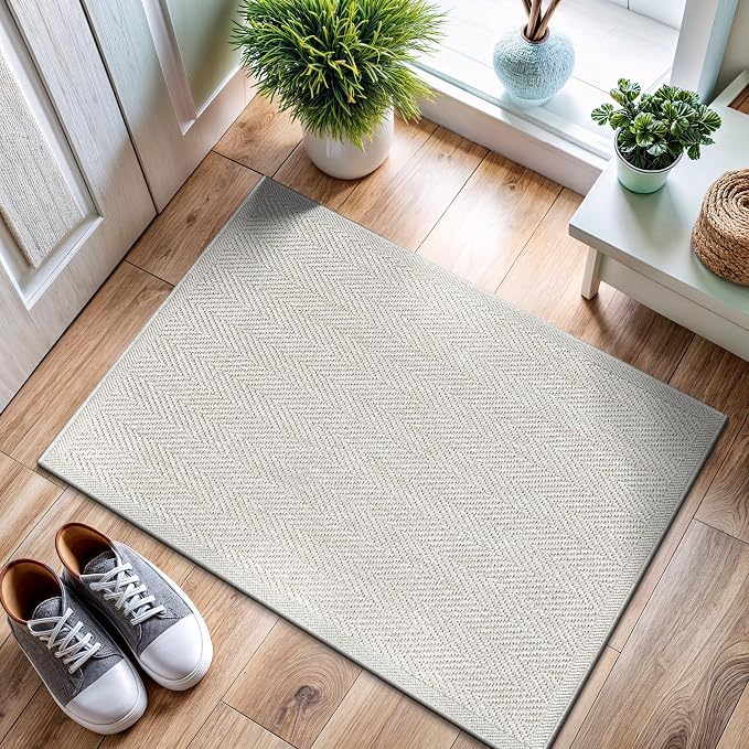 CAMILSON Easy Jute Rug 2x3, Indoor Outdoor Off-White Color Fiber Area Rugs for Bathroom and Kitchen Rug, Herringbone Seagrass Boho Woven Design, Easy-Cleaning, Washable Outside Carpet Alfombras 2 x 3