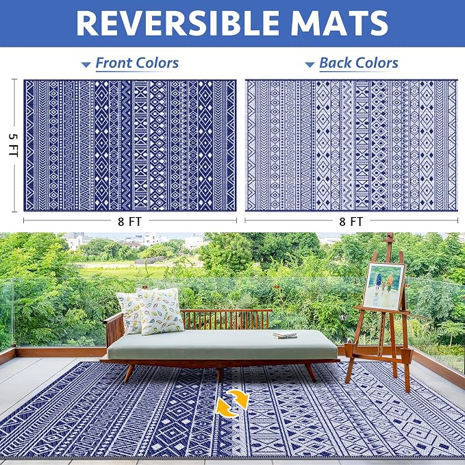 StepLively Outdoor Rug 5x8 ft, Reversible Waterproof Outdoor Plastic Straw Rug, Patio Rug Waterproof, Outdoor Large Area Rug for RV, Camping, Garden, Porch, All-Weather & Easy to Clean(Blue)