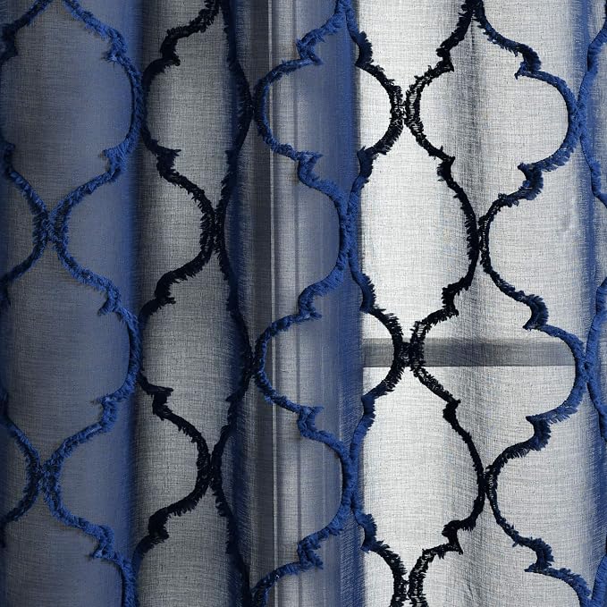 Lush Decor Avon Trellis Grommet Sheer Window Curtain Panels Pair 38" W x 95" L Navy - Sheer Curtains for Living Room - Modern Farmhouse Bedroom Curtains