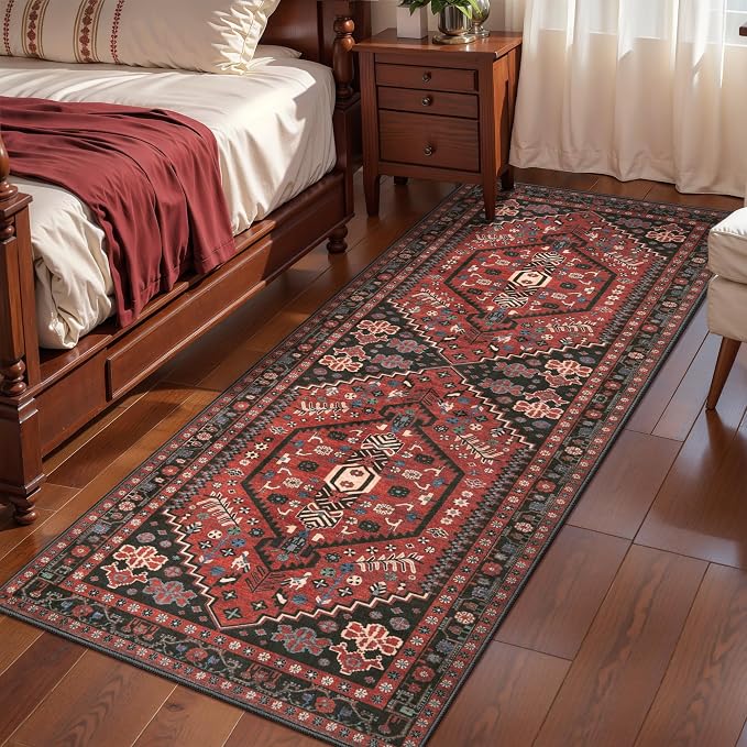 Ciicool Washable Non Slip Runner Rug,2x6ft Vintage Hallway Kitchen Rugs | Soft Oriental Indoor Red/black Boho Entry Carpet for Entrance Bedroom Bedside Living Room Laundry Bathroom Decor