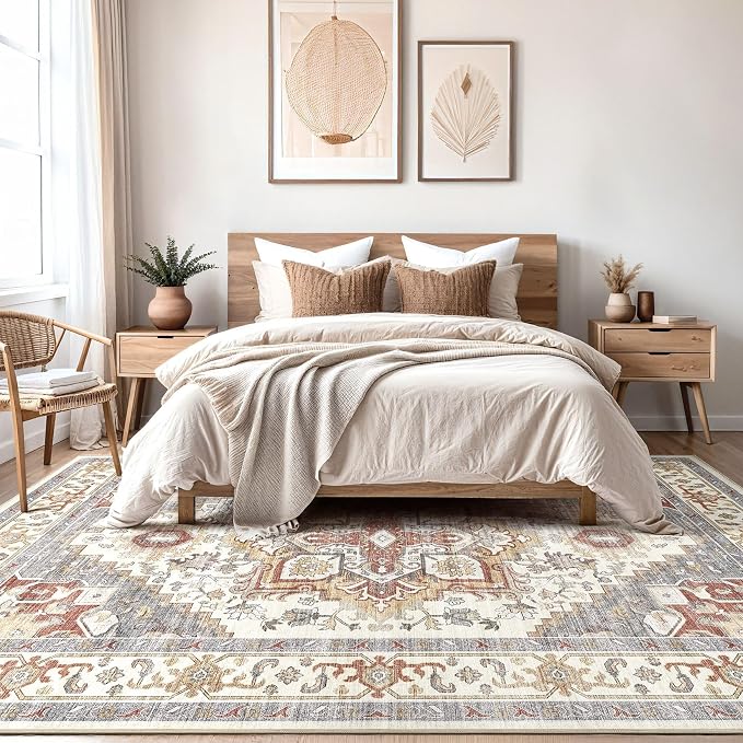 DTICON Vintage Washable 10x14 Area Rug Living Room Rugs, Orange Gray | Boho Distressed, Pet & Kid Friendly, Non-Slip Backing, Soft Polyester, Low-pile Carpet for Living Room, Bedroom, Dining Room