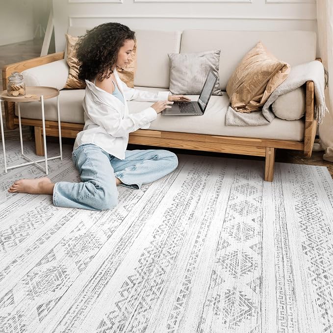 Tortania Area Rug Living Room Rugs - 9x12 Washable Large Soft Neutral Boho Moroccan Bohemian Farmhouse Rug Indoor Floor Carpet for Bedroom Under Dining Table Home Office Decor - Ivory Gray