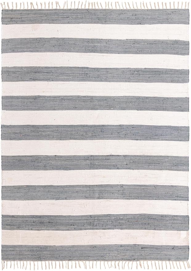 Unique Loom Chindi Rag Collection Area Rug - Striped (7' 10" x 11' Rectangle, Gray/ Ivory)