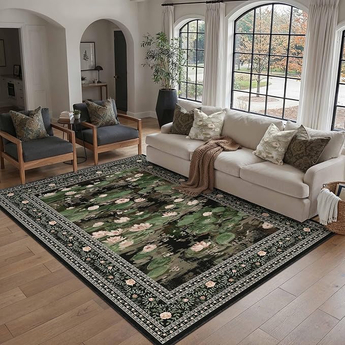 Black Area Rug 5x7 Living Room Vintage Floral Non-Slip Carpet | Machine Washable, Soft, Low Pile, Distressed, Large for Bedroom, Dining Room, Office, Impressionist Farmhouse Decor