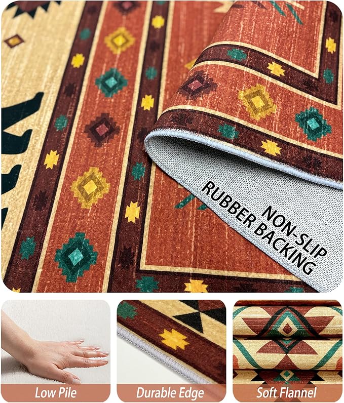 Cabin Rug 7x9 - Bear Southwestern Aztec Area Rugs for Living Room Bedroom, Rustic Navajo Machine Washable | Non-Slip | Soft Large Carpets, Native American Home Decor (Orange Tan Black)