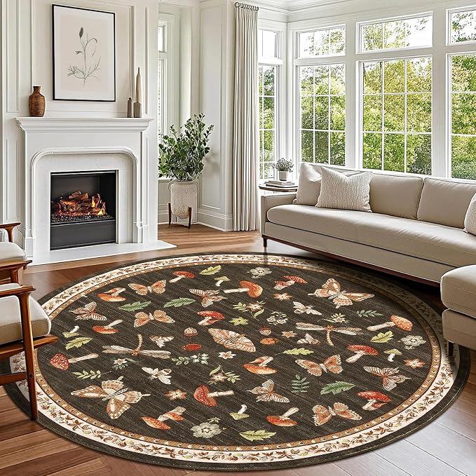 Mushroom Insect 7ft Round Rug Washable Non-Slip Soft Ultra-Thin Large Boho Circle Carpet for Entryway Kitchen Bedroom Nursery Dining Room Brown