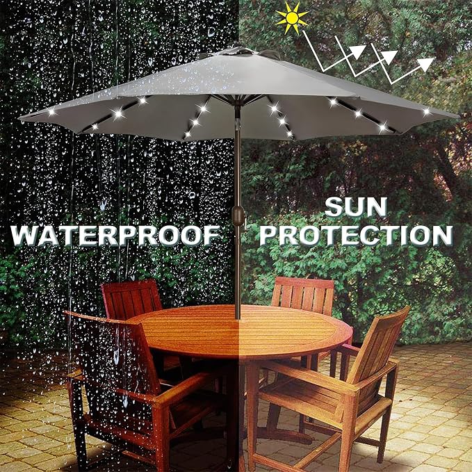 Blissun 9 ft Solar Umbrella, 32 LED Lighted Patio Umbrella, Table Market Umbrella, Outdoor Umbrella for Garden, Deck, Backyard, Pool and Beach (Grey)