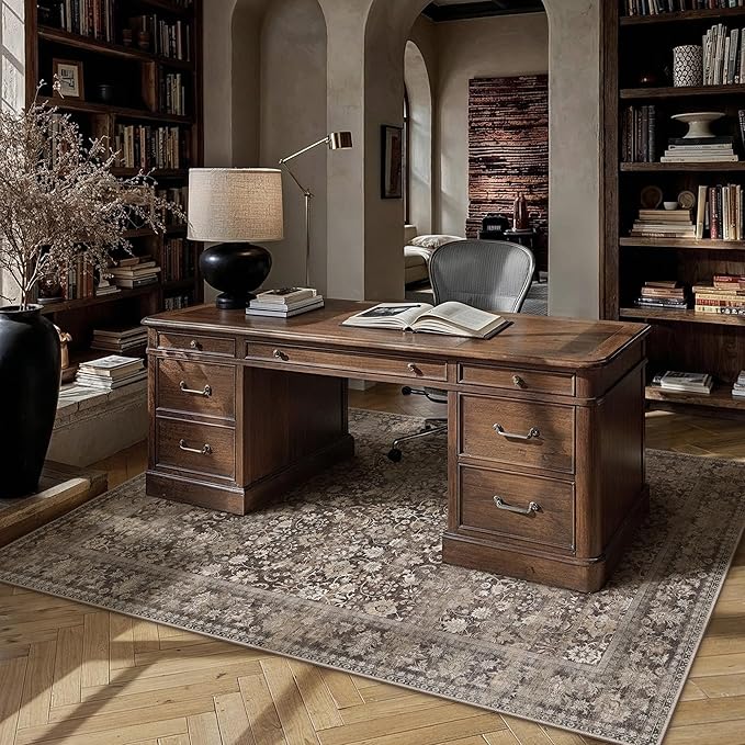 HUGEAR 6x9 Machine Washable Rugs Coffee Brown Hallway Large Area Rug Indoor Accent Rug Floral Low Pile Carpet Soft Throw Aesthetic Rug Bedroom Living Room Office Dining Room Kitchen Laundry Room