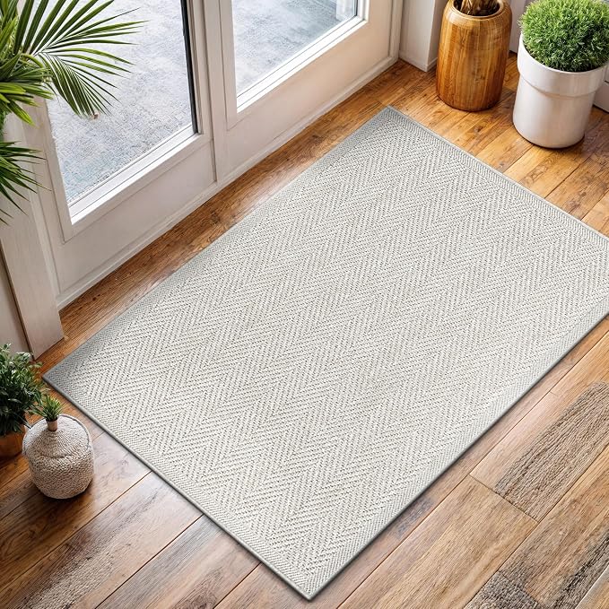 CAMILSON Easy Jute Rug 2x3, Indoor Outdoor Off-White Color Fiber Area Rugs for Bathroom and Kitchen Rug, Herringbone Seagrass Boho Woven Design, Easy-Cleaning, Washable Outside Carpet Alfombras 2 x 3