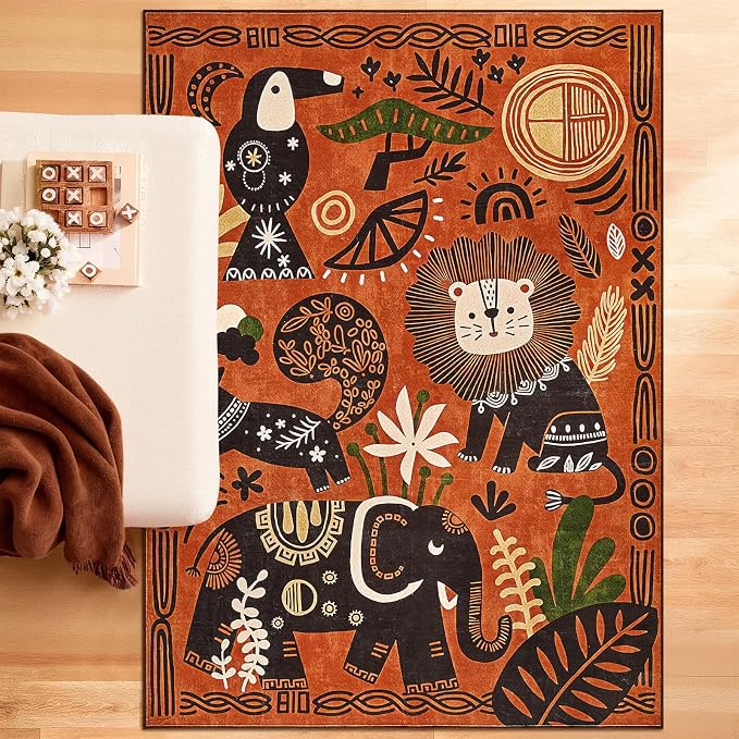 jinchan 5x7 Cute Area Rug Kids Washable Fun Rug Terracotta Boho Jungle Mat | Soft, Cozy, Non-Slip, Kid-Friendly, Safari, Lightweight, Entryway, Kitchen, Dorm, Bedroom, Living Room, Playroom, Nursery