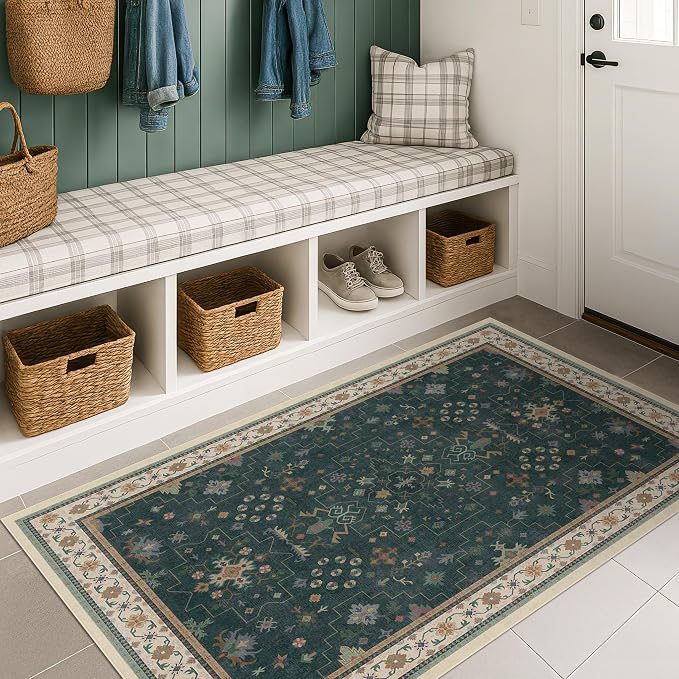 Dark Green Oushak 3x4 Large Entryway Rug - Modern Vintage Boho Floral, Washable Low Pile Non-Slip Area Rugs for Door Mat Indoor Entrance, Kitchen, Bedroom Beside Bed