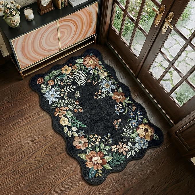 FMFUNCTEX 2x3 Washable Black Floral Vintage Flower Colorful Entryway Rug | Vintage Traditional Door Mat Non Slip Low Pile Boho Indoor Soft Patterned Small Throw Rugs Entry Way Entrance Kitchen Laundry