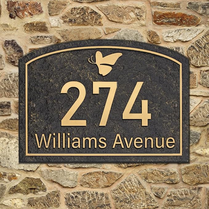 Handcrafted Address Plaque for Yard Outside House Sign, House Number Garden Wall Sign, 911 Visibility Signage, Any Font, 10 x 7 inches (Gold)