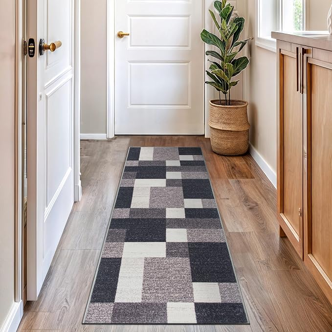 Rugshop Modern Boxes Non-Slip Living Room Kitchen Runner Rug Gray 2'7" x 6' | Runner, Size 2'7" x 6', Bedroom, Dining Room, Home Office, Entryway, Hallway, Nursery, Kids Room, Guest Room