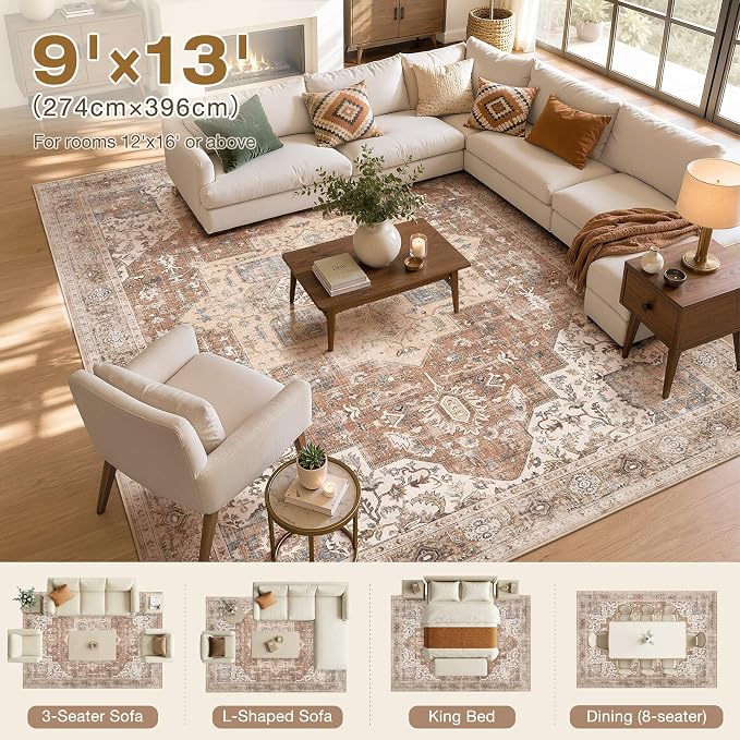 DTICON Vintage Washable 9x13 Area Rug Living Room Rugs, Brick Red | Boho Distressed, Pet & Kid Friendly, Non-Slip Backing, Soft Polyester, Low-pile Carpet for Living Room, Bedroom, Dining Room
