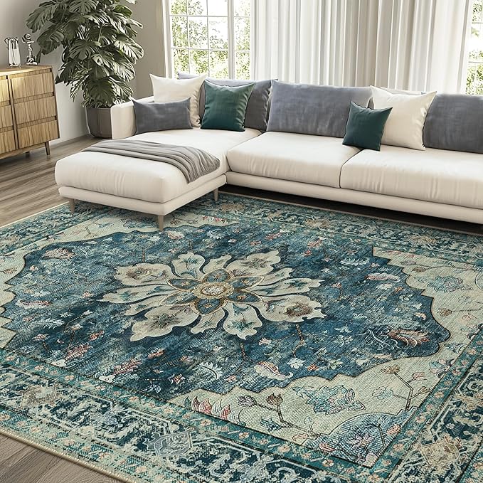 RELEANY Washable Area Rug, Large 9'x12', Blue/Vintage Dark Blue | Non-Slip, Water Repellent, Pet Friendly, Easy to Clean, Vintage Floral Boho Decor for Living Room Bedroom Dining Room
