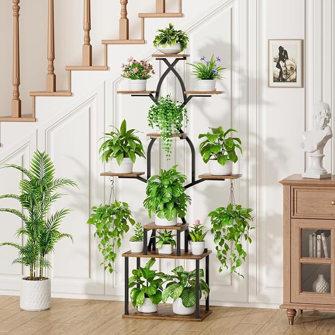 EVAWOO Plant Stand Indoor with Grow Lights - 7 Tier Indoor Plant Shelf, 64" Tall Plant Stands for Indoor Plants, Corner Metal Plant Stand, Plant Holder for Living Room, Porch, Black