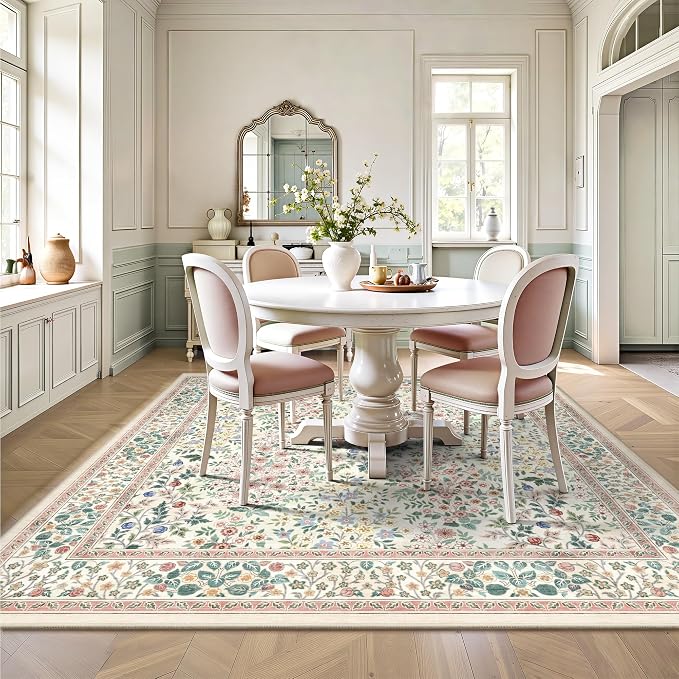 6x6 Square Area Rugs, Machine Washable Low Pile Floral Rugs for Living Room, Bedroom, Large Boho Area Rug with Non-Slip Backing for Dining Room(Pink Floral)