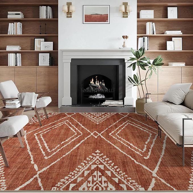 Machine Washable Area Rug - Living Room Bedroom Bathroom Kitchen Entryway Office - Padded Low Pile Stain Resistant Premium - Moroccan Diamond Tribal - Jax - Orange 6' x 8'