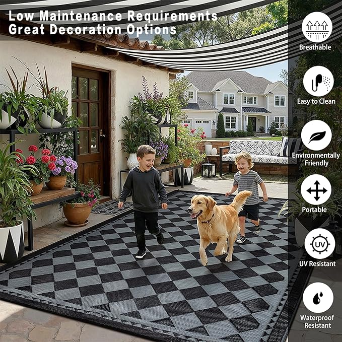 HUGEAR Outdoor Waterproof Rug 6'x9' Plastic Straw Rugs Washable Reversible Floor Mat Black/Grey Plaid Carpet for Camping RV Deck Entryance Porch Picnic Balcony Beach Backyard