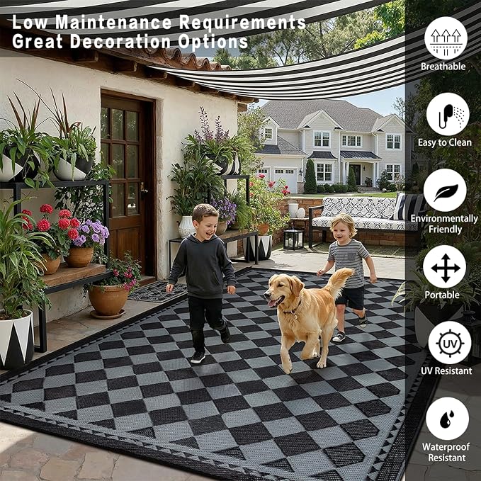 HUGEAR Outdoor Waterproof Rug 5'x8' Plastic Straw Rugs Washable Reversible Floor Mat Black/Grey Plaid Carpet for Camping RV Deck Entryance Porch Picnic Balcony Beach Backyard