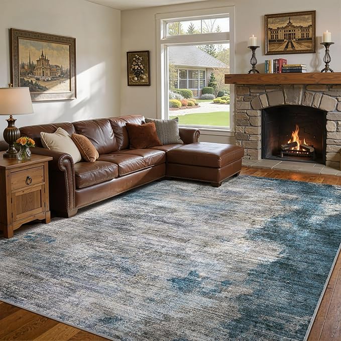DMOYEST 9x12 Area Rug for Living Room Washable Abstract Indoor Carpet | Neutral Modern Low Pile Rugs Kid & Pet Friendly Large Soft Thin Carpet for Bedroom Dining Room - Dark Grey Blue