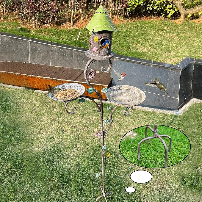 71" H Bird Baths for Outdoors, Bird Baths and Bird Houses with Pole, Metal Bird House Stake, Standing Bird Feeder and Bath Combo, Tall Birdbath with 4-Prong Stake for Outside Garden Decor