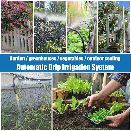 Dianrui Drip Irrigation System—50FT 1/4" Garden Watering System with 16pcs Copper Nozzles, 360° Curved Garden Automatic Irrigation System for Garden/Lawn/Greenhouse/Raised Beds/Outdoor Plants