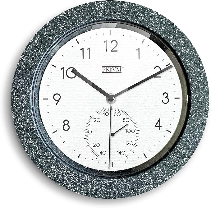 Kmok 9.8" Faux Concrete Wall Clock with Thermometer | Battery Operated, Indoor Use, Silent Sweep, Concrete Grey