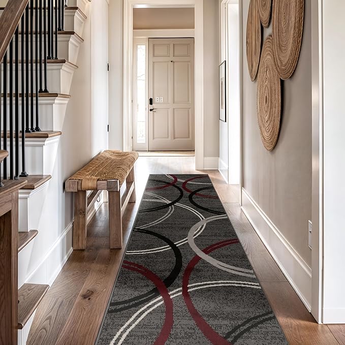 Rugshop Wavy Circles Modern Non-Shedding Runner Rug Red 2'7" x 12' | Rectangular, Size 2'7" x 12', Living Room, Bedroom, Dining Room, Home Office, Kitchen, Entryway, Hallway, Nursery, Kids Room