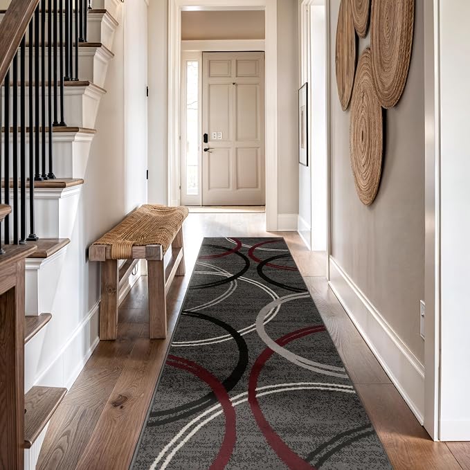 Rugshop Wavy Circles Modern Non-Shedding Runner Rug Red 2'7" x 8' | Rectangular, Size 2'7" x 8', Living Room, Bedroom, Dining Room, Home Office, Kitchen, Entryway, Hallway, Nursery, Kids Room