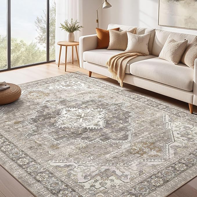 DTICON Vintage Washable 6x9 Area Rug Living Room Rugs, Taupe | Boho Distressed, Pet & Kid Friendly, Non-Slip Backing, Soft Polyester, Low-pile Carpet for Living Room, Bedroom, Dining Room