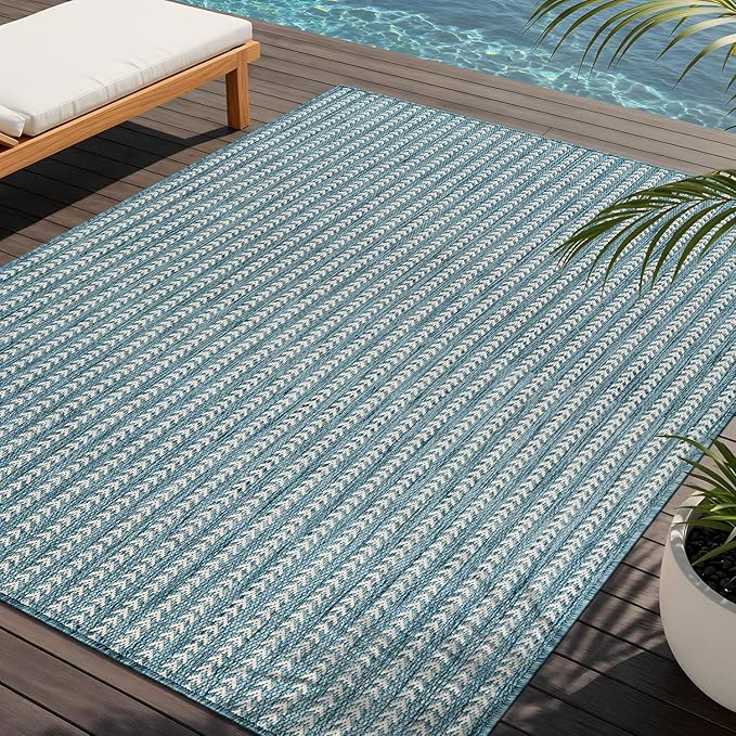 Washable Outdoor Rug 5x7 Modern Area Rugs Outdoor Carpets Striped Pattern Non Shedding Waterproof Easy Clean Patio Deck Porch Living Room Bedroom Garden RV (5 X 7 Aqua)