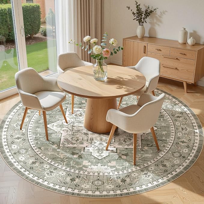 Washable Area Rug-8X8 Vintage Neutral Soft Green | Non Slip Thin Foldable Large Floor Carpet for Living Room Bedroom Kitchen Dining Room Home Office Farmhouse Indoor