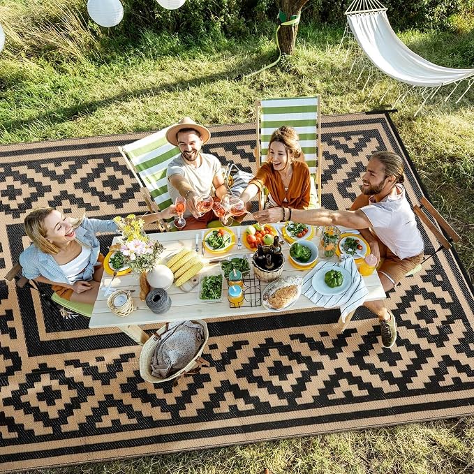Outdoor Patio Plastic Straw Rug - 4x6 ft Outdoor Camping Rug Waterproof Reversible, Area Carpet Patios RV, Outside Porch Balcony Deck for Camper, Stripe Black Brown